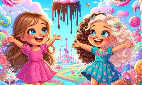 Zwei Mädchen, Mia und Emma, etwa 8 Jahre alt, stehen im Zentrum des Bildes. Mia hat lange blonde Haare und ein breites Lächeln und trägt ein rosa gepunktetes Kleid. Sie steht links, mit ausgebreiteten Armen, begeistert von der Landschaft. Emma, rechts, hat lockige braune Haare und funkelnde Augen, sie trägt ein blaues Kleid mit Blumen. Sie zeigt auf einen Zuckerstangenbaum, ihr Gesicht strahlt vor Freude.

Der Ort ist eine magische Welt voller lebendiger Farben: Zuckerstangenbäume mit bunten Stämmen, schimmernde Marshmallowblumen unter der Sonne und ein blauer Himmel mit Sahnewolken. In der Ferne fließt eine große Schokoladensoße wie ein Fluss, umgeben von Hügeln aus Süßigkeiten.

Die Hauptsituation zeigt die beiden Freundinnen, die herzhaft lachen, während ein kleiner Keks namens Krümel, mit einem lächelnden Gesicht und Keksarmen, neben einer riesigen Schokolade Pirouetten dreht und köstliche Schokoladensoße um sie herum spritzt.