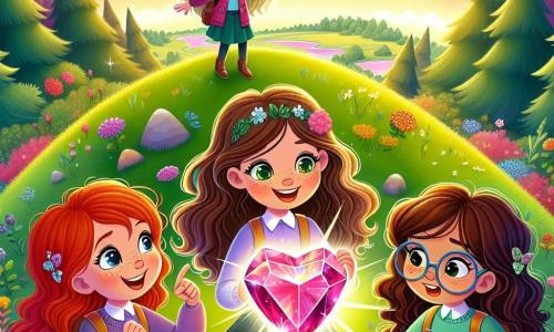 Vier zehnjährige Mädchen, Mia, Emma, Lila und Sophie, stehen auf einem grünen Hügel, ihre Gesichter von Aufregung erleuchtet. Mia mit langen braunen Haaren und funkelnden Augen hält einen leuchtenden herzförmigen Kristall in den Händen, während Emma mit roten Haaren und Sommersprossen auf den Himmel zeigt, wo ein Regenbogen erscheint. Lila mit lockigem blonden Haar schaut staunend auf den Kristall, während Sophie mit braunen Haaren und Brille in ein kleines Notizbuch schreibt. Die Szene spielt auf einem sonnigen Hügel, der mit bunten Blumen übersät und von majestätischen Bäumen umgeben ist. Am Horizont geht die Sonne unter und taucht den Himmel in goldene und rosafarbene Töne, während der Mond aufgeht und eine magische Atmosphäre schafft. Die Mädchen haben gerade die Kraft des magischen Kristalls entdeckt, den sie auf dem alten Spielplatz gefunden haben, und stehen kurz davor, gemeinsam einen Wunsch zu äußern, um ihre Träume zu verwirklichen.
