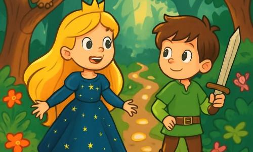 Die Prinzessin Mira, ein etwa 10-jähriges Mädchen, hat lange, goldene Haare, die wie Sonnenstrahlen glänzen. Sie trägt ein samtblaues Kleid, das mit kleinen, funkelnden Sternen verziert ist, und zeigt ein aufgeregtes Lächeln auf ihrem Gesicht. Sie steht am Rand einer Lichtung, umgeben von bunten Blumen, mit funkelnden Augen voller Abenteuer. An ihrer Seite steht ein junger Knappe namens Leo, 12 Jahre alt, mit zerzausten braunen Haaren und einem grünen Tunika. Er hält ein Holzschwert und schaut Mira bewundernd an, bereit, sie auf ihrem Abenteuer zu begleiten. Die Szenerie ist ein verzauberter Wald mit großen, knorrigen Bäumen, Lichtstrahlen, die durch das dichte Laub filtern, und magischen Kreaturen, die sich hinter den Büschen verstecken. Die Hauptsituation zeigt Mira und Leo, die sich darauf vorbereiten, einen geheimnisvollen Weg zu erkunden, der mit glänzenden Steinen gesäumt ist und sie scheinbar zu einem versteckten Schatz führt.