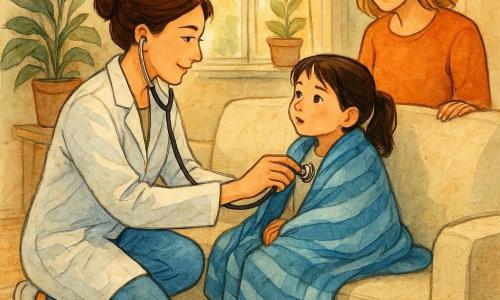 A woman doctor in her mid‑30s with chestnut hair in a bun, a gentle smiling face, wearing a light coat and sneakers, kneels by a cream fabric sofa listening to a young girl's chest with a silver stethoscope; the girl, about six, with dark pigtails, rosy cheeks and curious eyes, is wrapped in a blue‑striped blanket on the sofa, sneezing softly but looking at the doctor with trust; the mother, about 35–40 with loose blonde hair and a relieved smile, stands beside the sofa with a hand on the backrest watching kindly; the warm living room has a patterned rug, green potted plants, a window with light curtains letting in golden evening light, and toys and drawings on a small table — a calm, intimate at‑home consultation with soft colors and colored‑ink lines emphasizing fabric, hair and light textures.