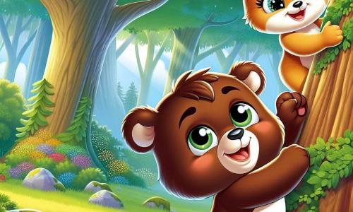 Em uma floresta encantada, um pequeno urso pardo chamado Tobias, com grandes olhos brilhantes e um sorriso determinado, sobe entusiasticamente em uma árvore. Ele é curioso e cheio de coragem, mostrando sua vontade de participar de uma competição de escalada. Ao seu lado, Linda, uma ursa de pelagem dourada e olhos cintilantes, o encoraja com um sorriso caloroso, suas patas levantadas em sinal de apoio. A cena se passa em uma clareira ensolarada, cercada por majestosas árvores de folhas verdes vibrantes, com flores coloridas que dançam ao vento. O solo é coberto de pequenas pedras e musgo macio, adicionando um toque de magia ao ambiente. Tobias e Linda, unidos pela amizade, escalam juntos a árvore, desafiando as dúvidas dos outros ursos, provando que a força vem da solidariedade e da igualdade.
