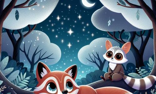 In una radura incantata, un piccolo volpe rossa di nome Luca, con grandi occhi curiosi e un pelo lucente, è sdraiato su un letto di foglie, guardando il cielo stellato. Sente un misto di meraviglia e calma, la sua paura del buio svanendo poco a poco. Nelle vicinanze, una saggia civetta dalle piume morbide e grandi occhi rotondi, di nome Sofia, è appollaiata su un ramo, osservando Luca con un sorriso rassicurante. Il luogo è un boschetto misterioso, illuminato dalla luce argentea della luna, con alberi maestosi dalle sagome delicate, lucciole scintillanti nell'aria e una leggera brezza che fa danzare le foglie. La scena principale mostra Luca, sdraiato sotto le stelle, che scopre la bellezza della notte, mentre Sofia gli parla dolcemente, aiutandolo a superare la paura del buio e ad apprezzare le meraviglie che lo circondano.