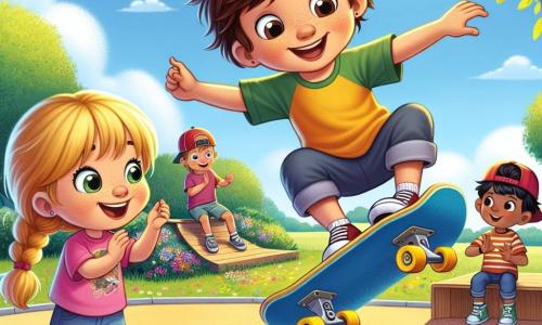 Na pierwszym planie Kacper, sześciolatek z brązowymi, rozczochranymi włosami i szerokim uśmiechem, wykonuje akrobatyczny skok na swojej niebieskiej desce do skateboardu z żółtymi kółkami. Obok niego Maja, sześciolatka z blond warkoczykami i różową koszulką, entuzjastycznie klaska, z błyszczącymi oczami podziwu. Trochę dalej Michał, ośmiolatek z czarnymi włosami i czerwoną czapką, pokazuje gest wsparcia z uniesionym kciukiem, gotowy, by kibicować Kacprowi. Scena rozgrywa się w słonecznym parku z dużą zieloną przestrzenią usianą kolorowymi kwiatami. W tle widać drewnianą rampę do skate'a, otoczoną grupą dzieci, które z podekscytowaniem obserwują. Liściaste drzewa delikatnie tańczą na wietrze, a niebo jest jasnoniebieskie, z kilkoma białymi chmurami. Główna sytuacja pokazuje Kacpra w trakcie skoku, wykonującego imponujący trik na desce, podczas gdy jego przyjaciele go wspierają uśmiechami i okrzykami radości, tworząc atmosferę przyjaźni i zabawy.