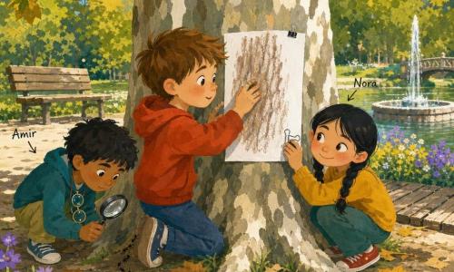 Un bambino di 8 anni, viso rotondo e lentiggini, capelli castani spettinati, espressione concentrata e stupita, tiene un grande foglio bianco contro la corteccia di un platano e sfrega delicatamente con un pastello marrone; le sue mani sono un po' colorate. Una bambina di 8 anni (Nora), capelli neri in due trecce, sorriso furbo, tiene una molletta per fissare il foglio da un lato ed è accovacciata a destra del bambino, vicino al tronco. Un bambino di 8 anni (Amir), pelle olivastra, occhiali rotondi da lettura appesi al collo, sguardo curioso, tiene una lente d'ingrandimento e osserva la corteccia e una fila di formiche a sinistra del gruppo. Il luogo è un parco soleggiato con un ampio platano dalla corteccia bianca e grigia a macchie, aiuole di fiori viola e gialli e qualche foglia caduta. Scena centrale: i tre bambini riuniti attorno al tronco, il grande foglio fissato, i pastelli colorati distesi su una piccola cartellina, il vento che muove le foglie; atmosfera dolce e curiosa, stile gouache con colori caldi, texture visibili e tratti netti.