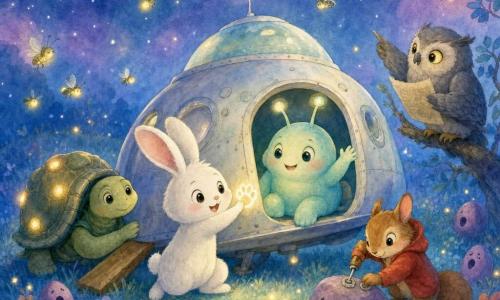 El personaje principal es Luno, un pequeño conejo blanco de grandes orejas y ojos brillantes, que sonríe mientras toca la pata luminosa dejada por el extraterrestre y mira la pequeña nave; el extraterrestre, criatura redonda y tímida de piel color menta con antenas luminosas, está sentado junto a la puerta abierta de la nave agitando sus antenas; una tortuga lenta y tranquila con caparazón brillante y un pequeño faro empuja una cuña bajo la nave a la izquierda de Luno; una ardilla vivaz de pelaje rojizo, con una caja de herramientas, atornilla un panel desde una piedra frente a la nave; un búho sabio y atento, de plumas grises, señala una carta posado en una rama baja a la derecha; el lugar es una colina de hierba azul bajo un cielo nocturno acuarelado con luciérnagas amarillas, piedras violetas y flores, y la escena muestra la nave reparada y lista para despegar suavemente, rodeada de amigos sonrientes en una atmósfera tierna y luminosa con colores pastel y texturas de acuarela.