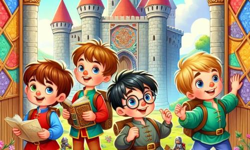 Patru băieți de șase ani stau împreună într-un castel medieval colorat. Andrei, cel mai curios, are părul ciufulit și poartă o tunică roșie, privind cu uimire o mare poartă din lemn sculptat. Radu, cel mai inteligent, are ochelari rotunzi și părul blond, ținând o carte veche și arătând spre o hartă lângă Andrei. Luca, plin de energie, are părul negru și poartă o pereche de pantaloni albaștri, sărind de bucurie lângă o fereastră cu flori colorate. În cele din urmă, Mihai, cu un zâmbet strălucitor, are părul castaniu deschis și poartă o tunică verde, aplecându-se să ajute un cavaler căzut, arătându-și curajul. Castelul este măreț, cu ziduri înalte din piatră gri, steaguri colorate fluturând în vânt și un cer albastru deschis în fundal. Flori strălucitoare decorează grădinile din jur, adăugând o notă de magie scenei. Băieții trăiesc o aventură incredibilă, descoperind o lume de cavaleri și prințese, învățând totodată importanța prieteniei și curajului.