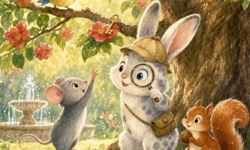 Nico, un pequeño conejo detective blanco con manchas grises, orejas tiesas, alegre y concentrado con una lupa frente a un ojo y boina beige ladeada; a su izquierda Lila, una ratoncita gris sonriente e impaciente en puntillas, señalando una llave; Paco, un pajarito azul y amarillo, posado en la rama baja aleteando tímidamente; Dani, una ardillita roja sentada al pie del árbol con una avellana; un gran árbol con una rama baja llena de flores rojas y hojas verde claro, luz dorada filtrándose, césped suave, algunas piedras y una pequeña fuente redonda al fondo; la llave pequeña y dorada brilla sobre una flor roja en la rama; ambiente cálido, lúdico y cómplice.