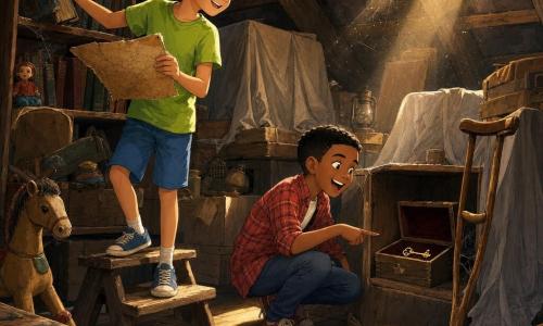 Dois meninos, Pedro (cabelos castanhos encaracolados, camiseta verde e short azul) à esquerda segurando um mapa amarelado e puxando um livro, e Miguel (cabelos curtos pretos, sorriso aberto, camisa xadrez vermelha e uma muleta de madeira) agachado à direita, descobrem num sótão empoeirado com vigas expostas e um raio de luz dourada um compartimento secreto numa estante que revelou um pequeno baú de madeira coberto de pó com uma chave brilhante dentro; ambos exibem surpresa e alegria enquanto partículas de pó são iluminadas pelo feixe de luz.