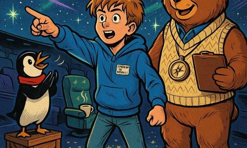 A 12-year-old boy, Noah, enthusiastic and slightly surprised, tousled brown hair, blue hoodie, worn jeans and a sticker reading I POINTED LIKE A PROFESSIONAL on his chest, stands inside a starlight ring pointing determinedly; beside him to the right is Barry the Compass Bear, warm brown fur, cream knitted vest, round glasses and a compass around his neck, holding a clipboard and smiling kindly at the fingertip; to Noah's left on a crate stands Captain Pebble the confident black-and-white penguin with a red scarf, feet apart like a teacher and tapping his beak in encouragement; behind Noah an animated planetarium chair with a green star-patterned cushion wiggles slightly and holds a steaming mug on an armrest; the scene is inside a large domed planetarium with a starry projection ceiling, green and purple aurora ribbons, a glittering star-carpet and curved rows of seats, capturing the comic, magical moment the sky begins to open and stars rearrange, warm, absurd and full of wonder.