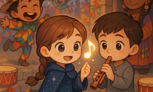 A smiling, focused 12-year-old girl, Lina, with light brown braided hair and bright eyes, wears a midnight-blue cape embroidered with silver and gently holds a glowing floating note near her shoulder; a shy but awed 12-year-old boy, Marek, with short brown hair and simple gray clothes, plays a small wooden flute as the glowing note settles above it while standing in front of Lina; an enthusiastic, clumsy 12-year-old boy, Joss, in a floppy hat and straw outfit, laughs and makes an exaggerated dance step beside them; an older mask-seller woman with braids, small bells and a colorful dress watches with an affectionate smile from the bridge entrance; they stand on an old stone bridge over a river decorated with drums, red and yellow ribbons and floating paper lanterns, colorful reflections in the water and a carnival-dressed crowd in the background, as Marek returns the glowing note, Lina’s cape shines, Joss dances and the crowd lights up in a festive, warm scene with bright colors and silver sparkles.