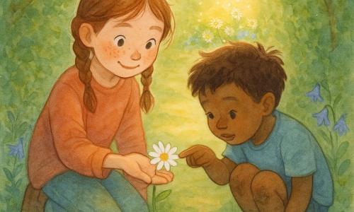 A 10-year-old girl with a round face, light freckles, chestnut hair in two braids, wide-eyed and softly smiling, kneels holding a small daisy flat in her hand; a curious, attentive 6-year-old boy with tousled hair and dirt-stained knees leans beside her, carefully touching a petal with his index finger. The hollow path is lined with green hedges, golden-yellow dappled light, a mossy carpet, clumps of yellow primroses and small blue bellflowers; a sunbeam forms a bright pool in a clearing making the flowers seem internally lit, and a pale pink ribbon tied to a low branch near the clearing entrance floats in the breeze. Intimate, calm close-up of the children discovering a spring flower, hands near, gentle attentive gestures. Color palette: soft greens, warm yellows, lavender blues and touches of pink, fluid watercolor texture with fine white highlights.