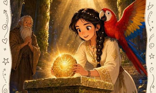 Amaya, a young woman, smiles determinedly as she gently places a warm, golden solar stone on a stone altar; she wears a cream linen dress with gold embroidery, has black braided hair with beads, and a colorful scarlet-blue-yellow macaw named Chico perches on her right shoulder with wings slightly spread. An elderly sage with a long gray beard and worn brown cotton robe stands back to the left, hands joined, watching proudly from the shadow. Inside a vaulted golden stone temple with sun motifs, moss-covered columns and colored stained-glass windows, sunbeams reveal drifting dust; the solar stone emits a golden halo that dispels bluish moving shadows, centered composition on the altar, warm gold vs cool shadows, magical soft youth-illustration style with gentle lines, tactile textures and small white doodle overlays (stars, spirals).