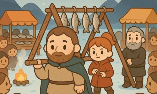 Main man: an adult named Einar with a round face and short beard, brown braided hair, calm determined expression and gentle resolute eyes, wearing a beige wool tunic and dark green coat, carrying a large wooden fish-drying rack on his shoulders and walking slowly center stage; secondary woman: Runa, about 16, red hair in a ponytail, mischievous protective expression, red coat, standing just behind Einar ready to intervene; secondary man: Haldor, about 40, graying hair and full beard, stern but softened face, dark tunic, standing beside the rack on the ground with arms crossed, watching with surprise and relief to Einar’s right; location: a frosty hill (Frost-Hill) with frozen ground, colorful merchant tents, smoking campfires, wooden benches and stalls selling dried fish and fabrics, dark mountains on the horizon and pale aurora ribbons; main scene: Einar carrying the large wooden rack amid a small curious crowd, faces turned to him with restrained laughter, tense but calm atmosphere, cold bluish light mixed with orange from campfires; visual style: minimalist kawaii with simple lines, thick outlines, soft limited palette (glacier blue, earthy greens, wood brown, red accent), light wool and wood textures, very readable empathetic facial expressions.