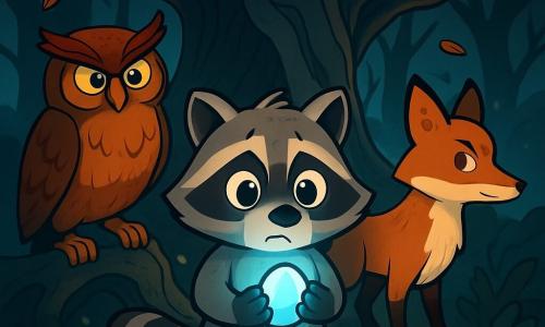 Un giovane procione di nome Tito, con occhi brillanti e pelliccia grigia, si trova al centro di una foresta oscura e misteriosa, con un'espressione di curiosità mista ad apprensione. Tiene tra le zampe una pietra luminosa che emette una dolce luce blu, illuminando il suo volto preoccupato. Accanto a lui, un saggio gufo di nome Leo, con grandi piume marroni e occhi gialli penetranti, osserva attentamente la pietra, con un'espressione seria e concentrata. Poco più in là, una volpe astuta di nome Flora, con pelliccia rossastra e coda folta, scruta i dintorni, con uno sguardo determinato e vigile. Il luogo è una foresta fitta, dove gli alberi nodosi si intrecciano, creando ombre inquietanti. Foglie cadono lentamente e una leggera nebbia aleggia a terra, aggiungendo un'atmosfera misteriosa. Tito, Leo e Flora si trovano davanti all'imponente e antico Albero delle Anime, le cui ramificazioni contorte sembrano allungarsi verso il cielo come braccia supplicanti, mentre cercano risposte sul potere della pietra luminosa.