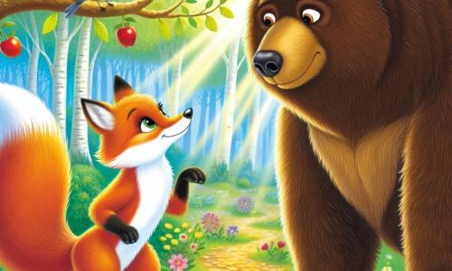 Um raposo chamado Felix, com um pelo brilhante de cor cobre e olhos cheios de curiosidade, está corajosamente diante de um grande urso pardo chamado Grunk, que parece ao mesmo tempo faminto e intrigado. Felix tem uma expressão determinada, pronto para ajudar, enquanto Grunk, com seu pelo desgrenhado e garras imponentes, parece hesitante, ouvindo atentamente o raposo. O cenário é uma bela floresta encantada, onde os raios de sol filtram através das folhas verdes, criando padrões de luz no chão coberto de flores coloridas e folhas douradas. Pássaros de penas brilhantes cantam nos galhos, adicionando um toque de magia à atmosfera. A situação principal mostra Felix tentando convencer Grunk a segui-lo até um vale cheio de frutas e peixes, ilustrando um momento de tensão e compreensão entre os dois personagens, simbolizando a amizade e a resolução pacífica de conflitos.