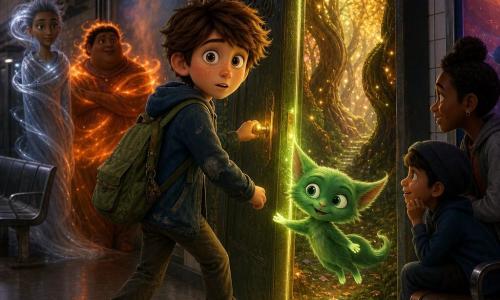 Um menino de 10 anos, rosto rondo com sardas, cabelo castanho despenteado e olhos arregalados, veste uma jaqueta azul gasta e mochila verde; segura a maçaneta de uma porta luminosa, avança uma perna com expressão maravilhada e hesitante. Nym, pequena criatura mágica do tamanho de um gato, corpo aveludado cor de esmeralda, olhos grandes brilhantes e orelhas pontudas, flutua à altura do ombro sorrindo e estende uma mão luminosa para a porta. Ao fundo, duas silhuetas estilizadas de famílias mágicas — uma do Vento, esguia e drapeada em tecido prateado translúcido, e uma dos Encantos, mais compacta envolta em chamas alaranjadas suaves — observam à distância. O cenário é uma estação de metrô urbana com azulejos cinzentos, bancos metálicos e uma porta antiga entre anúncios; do outro lado, uma floresta feérica de troncos retorcidos e folhas douradas que emanam luz suave. A porta entre mundos está entreaberta, emitindo luz verde e dourada; o menino hesita em entrar enquanto Nym o incentiva, num contraste entre o concreto frio da estação e a vegetação luminosa, numa atmosfera misteriosa e acolhedora.