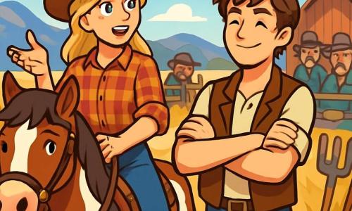 Ada Sullivan, a brave young woman of about 20, stands proudly on her paint horse, Scout. She has sun-kissed blonde hair, a tanned face, and sparkling eyes full of determination. Wearing a worn cowboy hat and a plaid shirt, her expression is resolute and hopeful as she gazes into the distance. Next to her, Jesse Martin, a 22-year-old man, stands with crossed arms and an encouraging smile. He has messy brown hair and wears a leather vest, slightly stepping back, ready to support Ada in her plan. The setting is a dusty ranch with arid fields stretching as far as the eye can see and mountains in the background under a bright blue sky. Gardening tools are scattered around them, indicating their hard work. The main scene shows Ada and Jesse passionately discussing their water-sharing canal project, surrounded by skeptical ranchers observing them from afar, their faces marked by worry and distrust.
