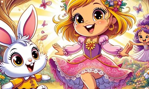 A princesa Lili, uma jovem de cabelos dourados e olhos brilhantes de malícia, usa um vestido rosa decorado com flores coloridas. Ela dança alegremente no meio da Floresta das Risadas, com um sorriso radiante no rosto. Ao seu lado, Pip, um pequeno coelhinho de grandes orelhas e pelagem branca, salta entusiasmado, seus olhos brilhando de alegria. Fifi, uma pequena fada com asas cintilantes e cabelos roxos, voa ao redor deles, rindo alto. A cena acontece em uma floresta mágica, onde as árvores são altas e curvadas, suas folhas vibram em cores vivas, e flores multicoloridas crescem por toda parte. Raios de sol filtram-se através dos galhos, criando uma atmosfera calorosa e alegre. A situação principal mostra Lili, Pip e Fifi dançando juntos, cercados de risos e magia, enquanto uma grande árvore engraçada se inclina em direção a eles, provocando-os com sua voz divertida. Os personagens estão imersos em um momento de pura felicidade e camaradagem, cheios de risos e alegria.