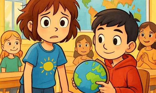 Ein 10-jähriges Mädchen, Lina, steht im Mittelpunkt des Bildes, mit großen leuchtenden Augen und zerzausten braunen Haaren. Sie trägt ein blaues T-Shirt mit einem Sonnendesign und eine Jeansshorts, ihr Gesicht drückt Neugier und Besorgnis aus. Neben ihr lächelt Sami, ein 10-jähriger Junge mit schwarzen Haaren und funkelnden Augen, schüchtern in einem roten Kapuzenpullover. Er hält einen Globus in seinen Händen und zeigt Lina ein fernes Land. Der Hintergrund ist ein heller Klassenraum mit gelben Wänden und Fenstern, die Sonnenlicht hereinlassen. Bunte Plakate mit Wörtern in verschiedenen Sprachen schmücken die Wände, und eine große Weltkarte hängt hinter ihnen, voller lebendiger Farben. Die Hauptsituation zeigt Lina und Sami, die auf einem großen Papier eine Karte der Hoffnungen zeichnen, umgeben von Klassenkameraden, die sie interessiert beobachten. Farbige Buntstifte sind um sie herum verstreut und verleihen der Atmosphäre eine kreative Note, während ein sanftes Licht ihre Gesichter erhellt und eine Stimmung von Kameradschaft und Lernen offenbart.