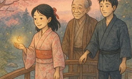 Aiko, joven de rostro dulce y sonrisa emocionada, pelo negro hasta los hombros con lazo rojo y kimono sencillo estampado de cerezos, sostiene una pequeña luciérnaga dorada mientras camina lentamente por un puente de madera; detrás, un maestro de unos 70 años, rostro arrugado y mirada benevolente, pelo gris en moño bajo y haori gastado, avanza de la mano del joven aprendiz de 18 años, de pelo corto negro y expresión que pasa de dudosa a tranquila, ambos sonrientes; el puente cruza un arroyo claro entre cedros y cerezos en flor, luciérnagas flotando, hierba verde y piedras musgosas, cielo crepuscular rosa e índigo; los tres se reconcilian al cruzar juntos, guiados por la luciérnaga, en una escena centrada, pacífica y cálida en semicontraluces.