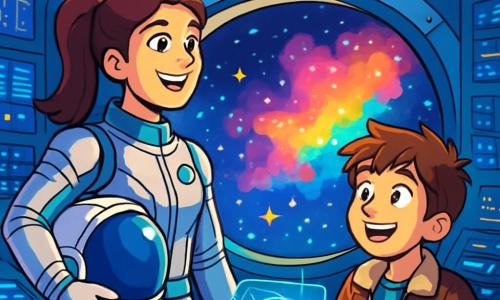 Una donna, la dottoressa Giulia Sereni, è in piedi davanti a un grande oblò della navetta spaziale, con gli occhi brillanti di meraviglia e determinazione. Indossa una tuta spaziale argentata con dettagli blu e ha un casco sotto il braccio, i capelli castani raccolti in una coda di cavallo. Accanto a lei, un ragazzo di nome Luca, di circa 12 anni, osserva con ammirazione, gli occhi spalancati e un sorriso entusiasta. Ha i capelli castani disordinati e indossa una giacca da pilota. La scena si svolge nella sala di controllo dell'Osservatorio Galattico Orione, uno spazio futuristico pieno di pannelli luminosi e console scintillanti, con schermi che mostrano dati e immagini della Nebulosa dai colori vivaci all'esterno. Stelle scintillanti e nuvole di polvere cosmica illuminano lo sfondo, creando un'atmosfera magica. Giulia e Luca stanno lavorando insieme per risolvere un problema tecnico, esaminando schermi e strumenti, mentre una mappa olografica della Nebulosa fluttua davanti a loro, proiettando luci colorate sui loro volti, simboleggiando la loro collaborazione e determinazione a ripristinare la comunicazione con le sonde spaziali.