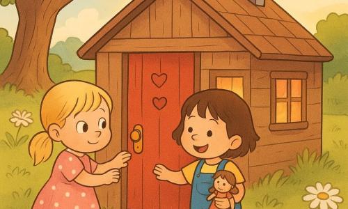 Ci sono due bambine di 3 anni: a sinistra una bionda con codini e vestito rosa a pois che tocca la maniglia con entrambe le mani, sguardo curioso; a destra una castana a capelli corti in salopette blu e stivaletti gialli con macchie di terra sulle ginocchia che tiene una bambolina e la mano dell'altra, sorridente. Siamo in una radura soleggiata con erba verde, grandi margherite e un vecchio quercia a sinistra; al centro una casetta di legno con porta rossa decorata da tre cuoricini, finestra a quadretti e un camino corto da cui esce un filo di fumo. Le bambine hanno bussato tre volte e la porta si apre lentamente: all'interno si vede su un tavolo una scatola colorata piena di cuoricini di carta e un biglietto, una luce dorata e calda esce dalla casa; i loro volti esprimono meraviglia e tenerezza, atmosfera dolce e magica.