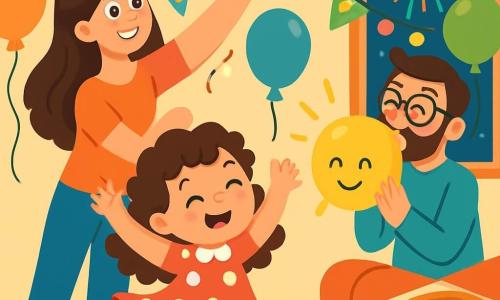 Una bambina di 4 anni, con capelli ricci e un grande sorriso luminoso, balla gioiosamente al centro della stanza. Indossa un vestito rosso a pois bianchi che ruota attorno a lei ad ogni movimento. Accanto a lei, la mamma, una donna di circa 30 anni con capelli lunghi e castani, appende festoni scintillanti al soffitto, sorridente e piena di energia. Un po' più in là, il papà, un uomo di circa 35 anni con una barba morbida e occhiali, gonfia un grande pallone giallo a forma di sole, ridendo con entusiasmo. La scena si svolge in un soggiorno accogliente, decorato con luci colorate e palloni fluttuanti. Un grande tavolo è imbandito con biscotti a forma di stelle e una bella tovaglia colorata. La bambina, piena di gioia, fa una pirouette alzando le braccia, mentre fuochi d'artificio illuminano il cielo attraverso la finestra, creando un'atmosfera festiva e magica per la festa di Capodanno.