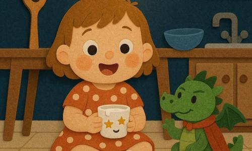 A 2-year-old girl, Mia, happy and amazed with a round face, rosy cheeks and short light brown hair, sits on the kitchen floor in a polka-dot dress and soft socks holding a small white star-patterned cup with a tiny drawn smiling mouth and milk drops at the center of the scene; a small green dragon named Sir Sizzle, the size of a loaf, mischievous and protective with a red dishcloth cape, sits near the sink to Mia’s right with a raised paw as if applauding; a large wooden spoon wearing a tiny blue wizard hat and smiling drawn eyes rests tilted on the table behind Mia as if speaking; simplified nighttime kitchen with a light wood table, an overturned bowl, shiny metal sink, beige tiled floor and warm hanging lamp creating a cozy, safe atmosphere; main moment: Mia has just retrieved the cup after it went “boop,” a tender, comic triumph with clear centered composition, simple shapes, bright contrasting colors, felt-like textures, clean outlines and readable silhouettes for toddlers.