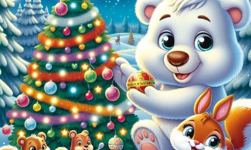 Un gran oso de peluche llamado Nieve, con un pelaje blanco y suave, una sonrisa cálida y ojos brillantes de alegría, está decorando un árbol de Navidad colorido con guirnaldas brillantes y adornos relucientes. A su lado, un pequeño conejo llamado Saltarín, con orejas largas y pelaje marrón, salta de alegría sosteniendo una hermosa campana dorada, mientras que una ardilla llamada Chispa, con pelaje rojizo y una cola esponjosa, cuelga plumas coloridas en las ramas, irradiando emoción. Al fondo, el paisaje es un hermoso bosque nevado, donde la nieve colorida brilla bajo la luz de la luna y las estrellas brillantes iluminan el cielo nocturno. La escena representa la magia de la Navidad, donde Nieve y sus amigos preparan juntos una fiesta alegre, llena de risas y felicidad.