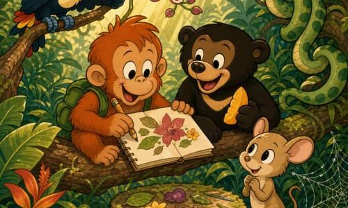 Olle, een klein roodharig orang-oetan met ronde trekken en expressieve ogen, is vrolijk en geconcentreerd, draagt een groen rugzakje, houdt een schetsboek en potlood en tekent op een lage tak; Suri, een bruine zonbeer met een ondeugende glimlach, zit naast hem met een stuk mango en kijkt trots naar het schetsboek; Mimi, een beige hertmuisje, staat voor de tak, opgelucht en verlegen, en bewondert de tekening; Tiko, een kleurrijke toekan met een grote oranje snavel, zit boven op een tak, nieuwsgierig en wijst naar een zeldzame bloem; Bibi, een klein groen slangetje, slingert rustig om een achterliggende tak en vormt een sierlijk motief; de scène speelt zich af in een weelderige jungleopen plek met bananenbladeren, dikke varens, gouden zonnestralen door het bladerdak, een met mos bedekte stronkje en een met dauw bedekte spinnenweb, de vrienden plakken bladeren en bloemen in het schetsboek en delen hun vondsten in een warme, samenwerkende, nieuwsgierige sfeer, felle contrasterende kleuren, dikke zwarte lijnen, vloeiende uitvergrote vormen in rubber-hose-stijl en zachte verlichting.