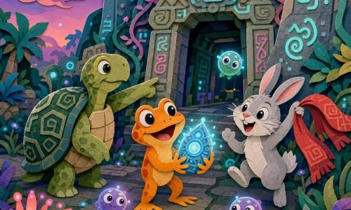 Un renacuajo antropomorfo de pelaje naranja brillante, ojos redondos y curiosos, sonrisa maravillada, sostiene un pequeño artefacto luminoso azul y lo mira con admiración; a su izquierda, una tortuga exploradora lenta, caparazón verde con motivos geométricos, expresión serena y benevolente, señala con la pata hacia un antiguo templo; a la derecha, un conejo blanco-gris de ojos vivos salta agitando un pañuelo rojo; varios pequeños Zorbitos esféricos flotan alrededor, cuerpos translúcidos violetas y verdes con grandes ojos sonrientes, rodean el artefacto con un resplandor suave; el escenario es un templo alienígena exuberante con muros esculpidos, enredaderas luminosas rosa y turquesa, flores brillantes y un cielo que va del azul al rosa en texturas superpuestas tipo papel; los amigos descubren juntos un comunicador extraterrestre en la entrada del templo, una luz brillante proyecta sombras suaves, atmósfera de asombro y cooperación.