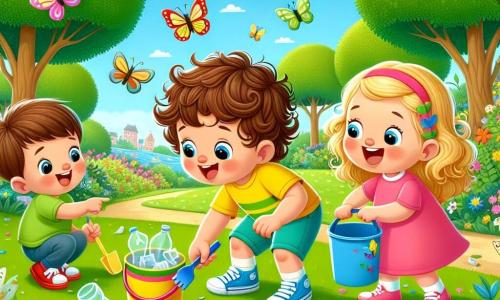 A 3-year-old boy named Sammy, with a bright smile, is wearing a vivid yellow t-shirt and blue shorts. His messy brown hair is tousled as he crouches down, enthusiastically picking up a piece of plastic in a park. Next to him, Lily, a 3-year-old girl with curly red hair in a pink dress, holds a colorful bucket and laughs while pointing at a pretty butterfly flying around them. Max, a 4-year-old boy in shiny blue shoes and blonde hair, leans down to pick up a plastic bottle, his face focused yet joyful. The scene takes place in a sunny park filled with tall green trees, colorful flowers dancing in the breeze, and a well-kept lawn. Birds are singing in the branches, and butterflies flutter around the children. The main situation shows Sammy and his friends cleaning up the park, laughing and having fun while picking up litter, highlighting the importance of caring for nature together.