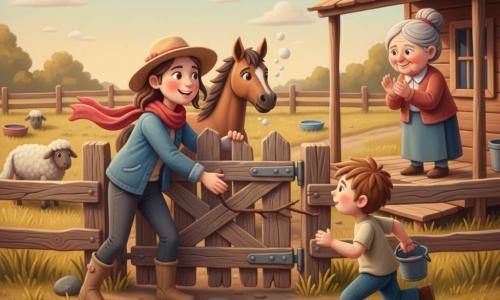 Sunny is a young, humble woman with rosy cheeks, a beige floppy hat, red scarf, dusty boots and denim jacket, pushing an old wooden gate shut with a stone and stick; Cocoa, a small gentle brown horse, stands calmly behind her; Mrs. Juniper, about 70 with gray hair in a bun and a warm, wrinkled face, applauds from the porch on the right; Pip, an eight-year-old boy with tousled brown hair and simple clothes, runs from the house holding a bucket; the sunlit farm has dusty ground, yellow grass, a cracked wooden fence, a low wooden house with a porch, water bowls and a few woolly sheep in the pen, and the gate finally closes with a small crack in the warm late-afternoon light.