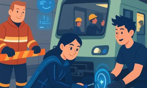 The protagonist is Nova Quill, a smiling but focused woman with bright eyes, wearing a dark-blue shiny suit with thin luminous lines and a metallic sparkling cape; she crouches by an open panel, tapping wires with a small screwdriver. Secondary characters: Captain Kettle, ~35, round warm face, gloved in a stylized firefighter jacket, holding orange safety tape at the left near the train’s open doors; Wisp, ~22, slim and agile with a floating silver scarf, opening the side door and calmly greeting two engineers on the right background platform; Bolt Boy, ~17, spiky-haired, enthusiastic but focused in a dark t‑shirt and conductor gloves, touching a ring near the StarSeal to send a small controlled blue spark to stabilize power. The AI Pixel is a small holographic round icon with a bright smile above the panel, emitting blue code lines. Setting: a wide underground maintenance bay with gray concrete walls, yellow halogen lamps, colorful tool shelves, shiny rails and a pale-green autonomous subway car parked center on a wet reflective floor. Scene: the team has stopped the train; Nova installs a luminous StarSeal ring on the car ceiling while Bolt Boy stabilizes power with a blue spark, Captain Kettle secures the area with orange tape and Wisp guides engineers; tense but collaborative mood, strong blue/orange/yellow contrasts, clear lines, composition centered on the open panel and luminous ring.