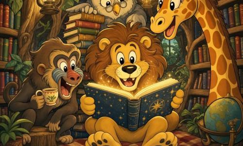 A golden-furred lion with a wavy mane, big bright round eyes and a warm smile sits on a checkered blanket holding a sparkling-covered book; a slightly distracted pearl-gray-feathered owl librarian with round glasses stands behind a leaning stack of books looking at the lion; to the lion's left a mischievous brown-haired baboon laughs while holding a small teacup, seated on a stump and leaning toward the book; from the right an elegant spotted giraffe with a long neck, twinkling eyes and alert ears bends to view the pages, its orange-and-cream spots contrasting; the setting is a jungle-library of intertwined trunks and wooden shelves, hanging oil lamps, oversized green leaves and hand-labeled colorful books; the scene shows a joyful shared moment as the lion opens the sparkling book and all the friends lean in, laughing and amazed under a golden halo of light, creating a warm, playful atmosphere.