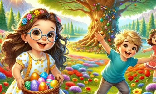 Three joyful children stand in the center of the image: Emma, an 8-year-old girl with long brown hair and round glasses, wearing a yellow floral dress and smiling while holding a wicker basket filled with colorful eggs; Max, a 7-year-old boy with messy blonde hair, wearing a blue t-shirt and shorts, excitedly pointing at a large tree; and Lily, a 6-year-old girl with curly hair and a small flower crown, wearing a pink dress and joyfully dancing with her arms raised. They are in a green field surrounded by vibrant flowers like red tulips and cornflowers. In the background, a majestic tree stands near a sparkling stream, where butterflies can be seen fluttering. The main scene shows the children discovering a hidden box behind the large tree, filled with shiny, colorful Easter eggs, with amazed expressions on their faces, ready to share their treasure with all their friends.