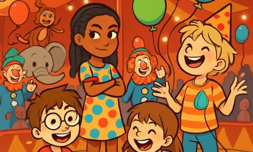 There are 4 children: Charlie, a 10-year-old boy with messy brown hair and round glasses, wearing a red t-shirt and blue shorts, sitting on the floor surrounded by confetti with a big amazed smile; Zara, an 11-year-old girl with braided black hair and sparkling eyes, wearing a colorful polka dot dress, standing with crossed arms and a determined look while observing the animals; Jamie, a 10-year-old boy with messy blonde hair and a clown hat, juggling colorful balloons and laughing; and Lila, a 9-year-old girl with brown hair and a small fringe, wearing a purple t-shirt and striped pants, crouched down holding a yo-yo and laughing at Jamie. The main setting is a large red and gold striped circus tent with twinkling lights, featuring animals like elephants and monkeys in the background, while colorful clowns move around, creating a festive atmosphere. Balloons float in the air, and cardboard spectators sit on benches, applauding. The main situation shows the children enjoying a magical day at the circus, filled with laughter and surprises as they interact with the animals and clowns, creating a moment of joy and wonder.