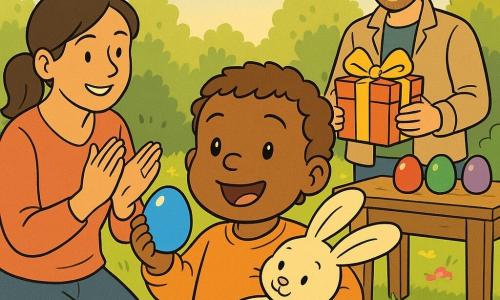 Bambino di 2 anni gioioso e meravigliato, capelli castano chiaro a ciocche, guance rotonde, tiene in una mano un piccolo uovo blu brillante e stringe un coniglietto di peluche crema; la madre (30–35 anni) dai lineamenti dolci e capelli castani raccolti in coda è inginocchiata accanto a lui, applaudendo con orgoglio; il padre (30–40 anni) con leggera barba e giacca casual è in piedi dietro il tavolo, sorride e tiene una scatola regalo con un grande fiocco giallo; giardino primaverile luminoso con prato verde, tappeto di fiori rosa, gialli e bianchi, alcuni cespugli arrotondati, un tavolo in legno chiaro con uova dipinte rosse, verdi e viola, raggi di sole tra i rami; scena di caccia alle uova di Pasqua, il bambino scopre un uovo nascosto tra i fiori, atmosfera vivace e dolce, colori vivaci e linee semplici in stile infantile.