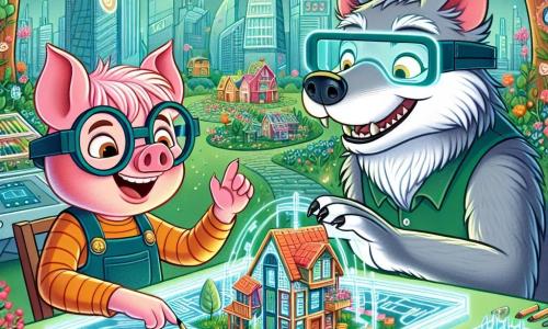 Uno de los Tres Cerditos, llamado Porci, es un cerdito rosa con gafas futuristas, que muestra una gran sonrisa de emoción. Está sentado frente a una mesa holográfica, dibujando planes para una casa futurista. A su lado, el Lobo Feroz, un lobo gris con un aire amigable y gafas de realidad aumentada, observa atentamente los dibujos, con los ojos brillantes de entusiasmo. La escena tiene lugar en un parque verde de la Ciudad Verde, lleno de árboles de hojas brillantes, flores coloridas y edificios modernos al fondo, donde la tecnología y la naturaleza coexisten armoniosamente. La situación principal muestra a Porci y al Lobo en plena colaboración, rodeados de maquetas de casas futuristas, simbolizando la unión de sus talentos para crear un hábitat sostenible e innovador.