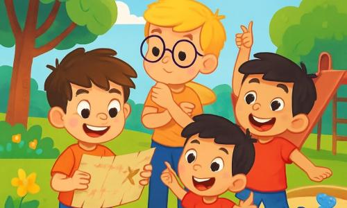 Há 4 crianças: - Pedro: Um menino de 9 anos com cabelos castanhos bagunçados e olhos curiosos. Ele segura um velho mapa de papel nas mãos, exibindo um grande sorriso. - Lucas: Um menino de 10 anos, com óculos redondos e cabelos loiros bem penteados. Ele observa o mapa com um olhar pensativo, de braços cruzados, ao lado de Pedro. - João: Um menino de 8 anos, com cabelos negros e uma camiseta vermelha vibrante. Ele está pulando de excitação, apontando para o mapa com um grande sorriso. - Miguel: Um menino de 9 anos, com cabelos castanho-claros e um short listrado. Ele faz uma cara engraçada, parado atrás dos outros, segurando uma pequena mochila cheia de materiais de investigação. A cena se passa em um parque ensolarado, com árvores verdes exuberantes, flores coloridas dançando ao vento e um grande escorregador vermelho. Ao fundo, há uma caixa de areia onde as crianças encontraram o mapa, com brinquedos espalhados ao redor. A situação principal mostra as crianças reunidas em torno do mapa, seus rostos iluminados pela empolgação de descobrir um tesouro escondido, cercadas por risos e cores vivas, prontas para a aventura, com pássaros voando alegremente no céu azul.