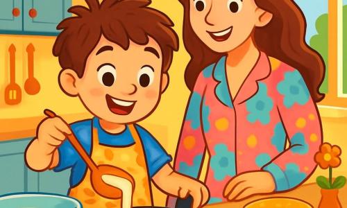 A 6-year-old boy with messy brown hair and sparkling eyes stands in a bright kitchen. He wears a blue t-shirt with stars and a pancake-patterned apron. His face radiates excitement as he pours pancake batter into a pan. Next to him, his mother, a woman in her 30s with long, wavy hair, wears a colorful pajamas and smiles tenderly, admiring her son. The warm kitchen has yellow walls, a large window letting in morning light, and a table decorated with a small flower in a vase. The scene depicts the boy preparing a surprise breakfast for Mother's Day, with golden pancakes cooking in the pan and a joyful atmosphere filled with love.