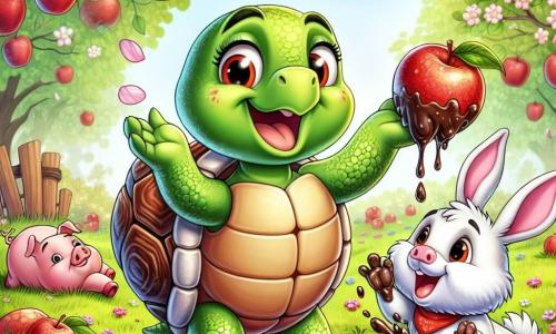Uma tartaruga chamada Tita, com um bonito capacete verde brilhante e um grande sorriso alegre, está no centro da imagem, levantando as patas no ar com entusiasmo, pronta para compartilhar uma ideia brilhante. À sua direita, um pequeno porquinho chamado Pipo, com pelagem rosa e olhos brilhantes, está rindo, com as patas cheias de lama após escorregar em uma poça, adicionando um toque humorístico à cena. À esquerda, o travesso porquinho Rápido, um pequeno coelho de orelhas grandes e pelagem branca, está pulando alegremente, segurando uma maçã vermelha brilhante com as patas dianteiras. A cena se passa em um pomar florido, com ramos carregados de maçãs vermelhas e pétalas de flores brancas flutuando no ar. O chão está coberto de grama verde e pequenas flores coloridas, criando uma atmosfera alegre e viva. A situação principal mostra Tita, Pipo e Rápido se preparando para um grande desafio de pegar a maçã mais alta da árvore, cercados de risadas e excitação, ilustrando a amizade e a aventura em um cenário encantador.