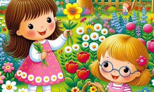 Drei kleine Mädchen, Mia, Lila und Emma, sind in einem sonnigen Garten versammelt. Mia, ein 7-jähriges Mädchen mit braunen Haaren und funkelnden Augen, lächelt fröhlich und hält eine gelbe Blume in der Hand. Lila, ebenfalls 7 Jahre alt, hat blonde Haare und trägt ein rosa Kleid, sie hockt neben einem Busch und pflückt rote Blumen. Emma, die Kleinste mit 6 Jahren, hat kastanienbraune Haare und eine Brille und steht neben einem großen Baum mit erhobenen Armen im Zeichen des Sieges, da sie den „Schatz“ an Blumen gefunden hat. Der Garten ist voller lebendiger Farben mit verschiedenen Blumen: roten Tulpen, weißen Margeriten und Veilchen. Der Himmel ist strahlend blau mit einigen fluffigen weißen Wolken. In der Ferne sieht man einen kleinen Gemüsegarten und eine Holzschaukel. Die drei Mädchen sind aktiv und feiern ihre Frühlingsschatzsuche, umgeben von Lachen und Freude, während sie die wunderschönen Blumen bewundern, die sie gemeinsam gepflückt haben.
