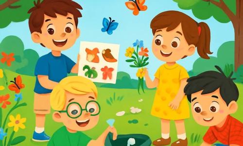 Es gibt 4 Kinder: Max, ein 10-jähriger Junge mit zerzausten braunen Haaren, trägt ein blaues T-Shirt und eine beige Shorts. Leo, ein 9-jähriger Junge mit blonden Haaren und runden Brillen, sitzt auf dem Gras und sammelt mit einem großen Lächeln Müll. Finn, ein 10-jähriger Junge mit schwarzen Haaren und Sommersprossen, trägt ein rotes kariertes Hemd und eine Jeansshorts. Er hockt neben einem kleinen Teich und beobachtet fasziniert Frösche. Mia, ein 9-jähriges Mädchen mit braunen Haaren im Pferdeschwanz, trägt ein gelbes Blumenkleid und steht neben Max mit einem Strauß Wildblumen. Der Ort ist ein schöner Naturpark mit bunten Blumen, grünen Bäumen und einem kleinen glitzernden Teich. Schmetterlinge fliegen um die Blumen, und Vögel sitzen auf den Ästen. Der Himmel ist strahlend blau mit ein paar fluffigen weißen Wolken. Die Kinder reinigen den Park, lächeln und entdecken die Schönheit der Natur, während sie Müll sammeln, um die Umwelt zu schützen und gemeinsam Spaß haben.
