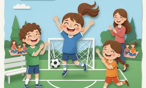A joyful, radiant girl named Mia (around 10), brown hair in a ponytail, bright eyes, wearing a blue jersey and striped socks, jumps with arms raised celebrating a goal with the ball in the net behind her; to her left, smiling 11-year-old Sam with curly hair in a green jersey applauds from the sideline near the bench; to her right, shy but happy 9-year-old Lily with braided brown hair in orange runs toward Mia with hands raised; in the background Coach Lisa (about 35) with loose brown hair and a whistle applauds from the field edge; textured green grass, crisp white lines, a small metal goal with a white net, light blue sky with a few stylized clouds and trees, families on blankets; dynamic scene of victory and friendship rendered in cutout silhouettes, vivid contrasting colors, shadows and layered paper-style volume.