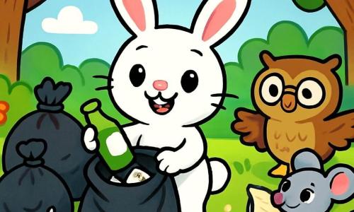 Ein fröhlicher kleiner Hase namens Hoppel mit weißem Fell und großen Ohren steht in der Mitte der Szene, lächelt mit glänzenden Augen und sammelt Müll in einem Sack. Rechts von ihm hält eine kleine graue Maus namens Mimi, mit entschlossenem Blick, ein altes Papier in ihren kleinen Pfoten und schaut Hoppel bewundernd an. Links von ihm beobachtet ein weiser Uhu namens Uli mit braunen Federn und runden Brillen die Szene, die Flügel leicht ausgebreitet, als würde er seine Freunde ermutigen. Der Ort ist ein wunderschöner, grüner Wald mit majestätischen Bäumen, leuchtenden Blättern, bunten Blumen auf dem Boden und einem klaren blauen Himmel mit fluffigen weißen Wolken. Die Hauptsituation zeigt Hoppel und seine Freunde, die aktiv Müll sammeln, um ihren Wald zu reinigen, umgeben von Säcken voller Abfälle, während sie ihren Einsatz zum Schutz der Natur feiern.