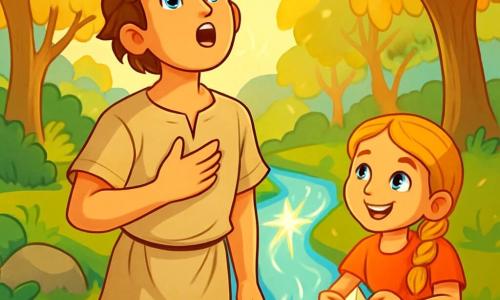 Ario, un uomo dal volto dolce e dagli occhi brillanti, si trova accanto a un ruscello scintillante, con un'espressione piena di meraviglia e determinazione. Indossa una semplice tunica di lino beige, leggermente stropicciata, e i suoi capelli castani sono scompigliati dal vento. Accanto a lui, una bambina di circa 8 anni, con i capelli biondi intrecciati, costruisce barchette di carta. Sorride gioiosamente, i suoi occhi brillano di curiosità mentre guarda Ario con ammirazione. Il luogo è un magnifico boschetto verdeggiante, con alberi maestosi dalle foglie dorate che danzano nella brezza. Il ruscello si snoda tra le pietre lisce, riflettendo i raggi del sole che filtrano tra i rami. La scena principale mostra Ario che canta una dolce melodia, mentre la luce del ruscello inizia a brillare intensamente, simboleggiando il ritorno del canto perduto tra gli uomini e gli dèi.
