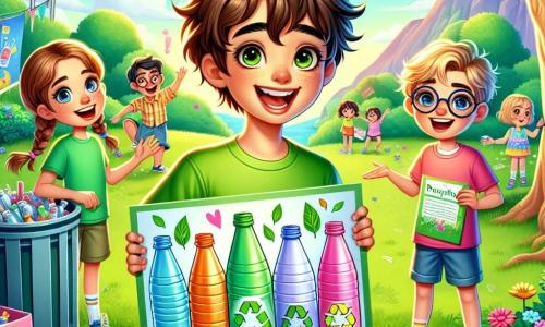 Um garoto de 10 anos, Léo, com cabelos castanhos bagunçados e um sorriso radiante, está no centro da imagem, segurando um grande painel colorido com a inscrição "Recicle!" e desenhos de garrafas e folhas. Ele é cheio de energia e entusiasmo, vestindo uma camiseta verde brilhante e um short azul. À sua direita, Ana, uma menina de 10 anos com óculos redondos e cabelos trançados, distribui panfletos coloridos aos transeuntes, seu rosto irradiando determinação. À sua esquerda, Pedro, um garoto de 10 anos com cabelos loiros e olhos brilhantes, explica com paixão como separar o lixo, segurando um balde cheio de recicláveis. A cena acontece em um parque verdejante, com árvores majestosas, flores vibrantes e um céu azul claro. Famílias e crianças brincam ao fundo, enquanto sacos de reciclagem estão dispostos em uma mesa decorada com desenhos de animais e natureza. Léo e seus amigos estão organizando uma campanha de reciclagem, cercados de sorrisos e entusiasmo, enquanto pessoas se aproximam curiosas para participar dessa bela iniciativa ecológica.