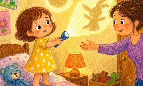 Bambina di 2 anni dagli occhi tondi e brillanti, giocherellona ma un po' preoccupata, tiene una mini torcia che proietta cerchi di luce sul muro; capelli corti castani, guance rosate, vestitino giallo a pois bianchi, piedi nudi sul letto; una donna sui 30 anni, madre, dal viso dolce e rassicurante è seduta sul bordo del letto a destra, sorride e tende la mano; un orsetto di peluche blu, morbido e consumato, è vicino al cuscino; la stanza è piccola e calda con muri crema, una lampada da comodino emette una luce arancione soffusa e una cassa di giocattoli in legno è vicino alla porta; la torcia trasforma un'ombra in una forma divertente sul muro mostrando un grande cuore luminoso e un cerchio; stile grafico a tratti di matita spessi, colori saturi e texture pastello, atmosfera dolce e rassicurante, composizione semplice e leggibile per un bimbo di 2 anni.