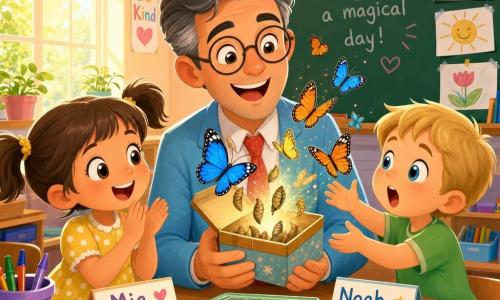 A smiling, awed schoolteacher with light gray-streaked hair, round glasses, a light blue jacket and red tie gently holds a small open box from which colorful butterflies (blue, orange, yellow) emerge; to his left Mia, about 6, with brown pigtails in a yellow polka-dot dress claps joyfully, and to his right Noah, about 5, blond in a green T‑shirt, leans forward with hands ready; the warm classroom with pastel walls, large sunlit windows, alphabet posters and a green board filled with children’s drawings frames the magical, joyful moment.